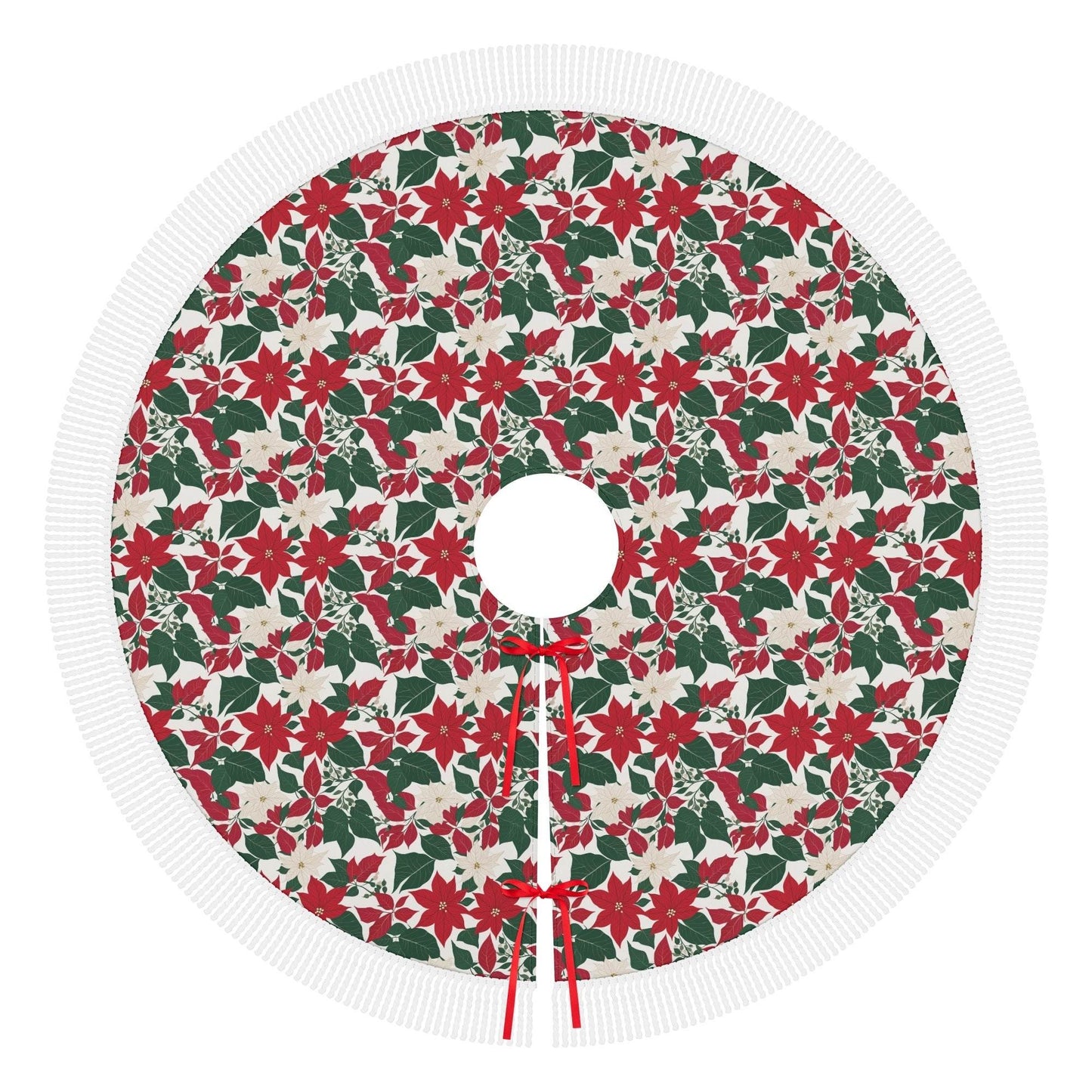 Red and White Poinsettia Flower Fringed Christmas Tree Skirts - DeRose Seasonal