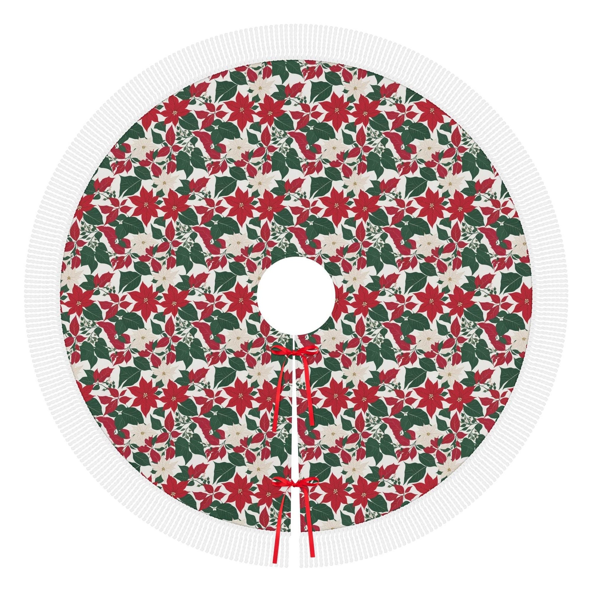 Red and White Poinsettia Flower Fringed Christmas Tree Skirts - DeRose Seasonal