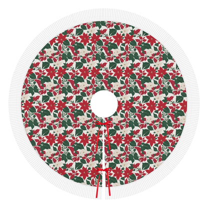 Red and White Poinsettia Flower Fringed Christmas Tree Skirts - DeRose Seasonal