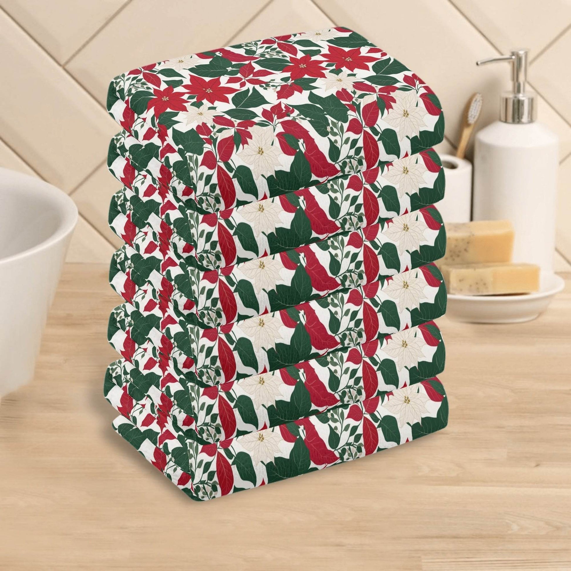 Red and White Poinsettia Flower Hand Towels (6 Pcs) - DeRose Seasonal