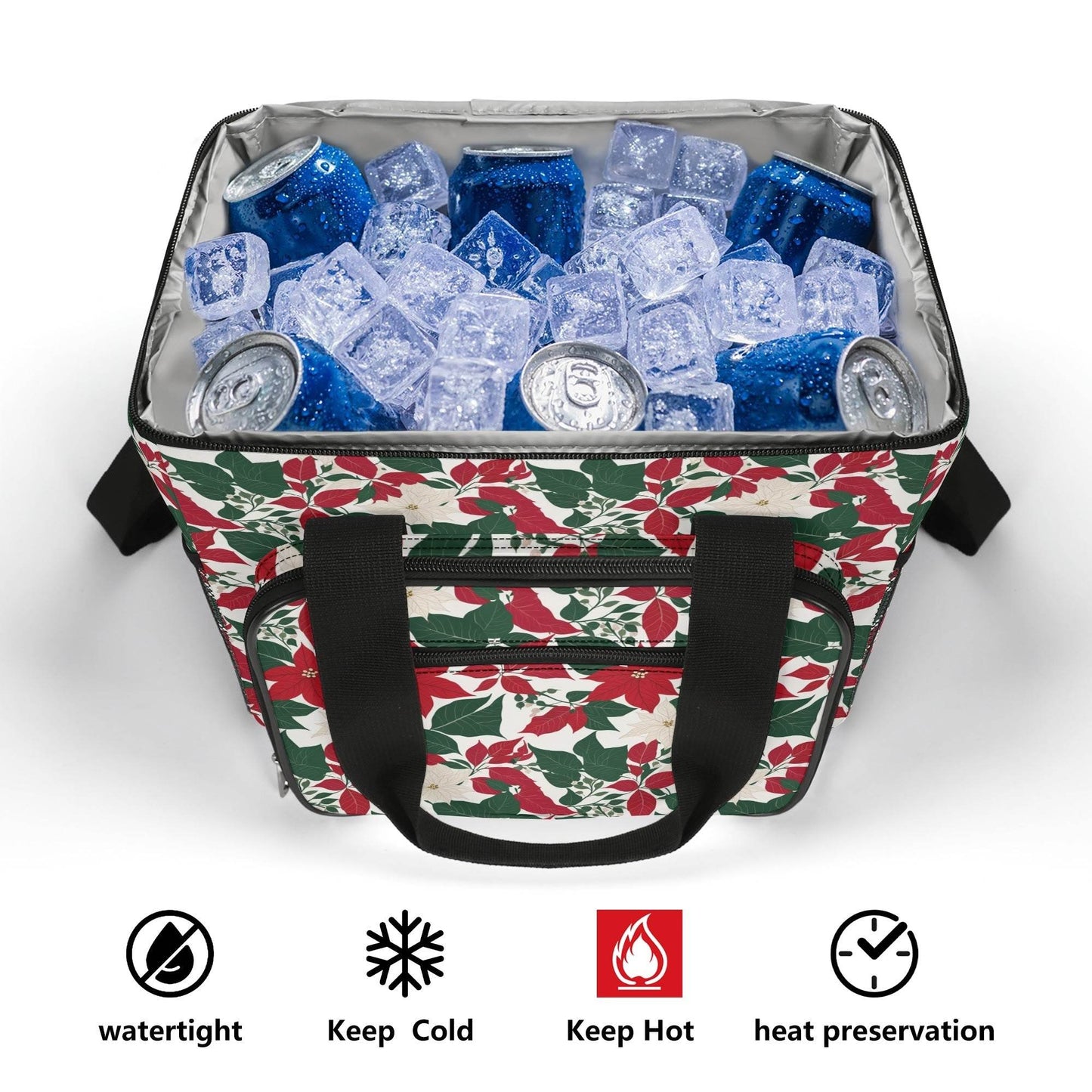 Red and White Poinsettia Flower Insulated Leakproof Cooler Bag Lunch Box - DeRose Seasonal
