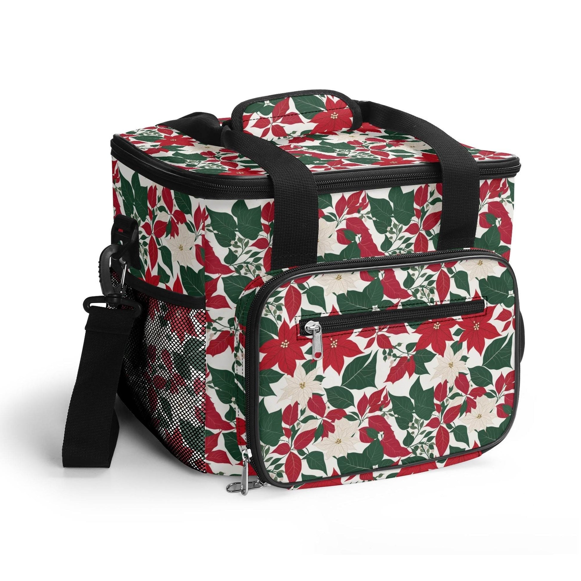 Red and White Poinsettia Flower Insulated Leakproof Cooler Bag Lunch Box - DeRose Seasonal