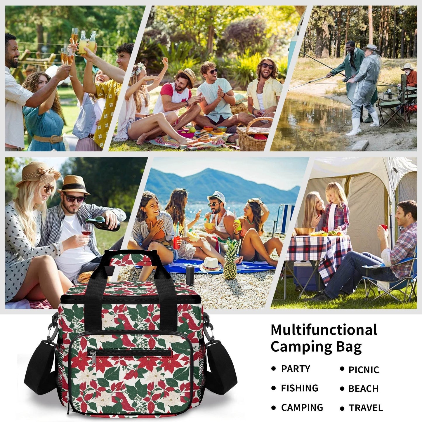 Red and White Poinsettia Flower Insulated Leakproof Cooler Bag Lunch Box - DeRose Seasonal