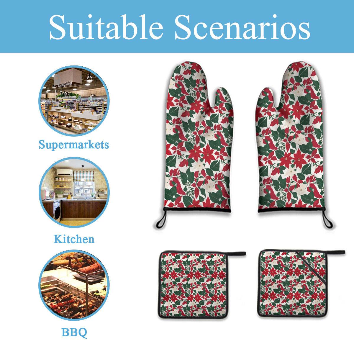 Red and White Poinsettia Flower Kitchen Mittens (set of 4) - DeRose Seasonal