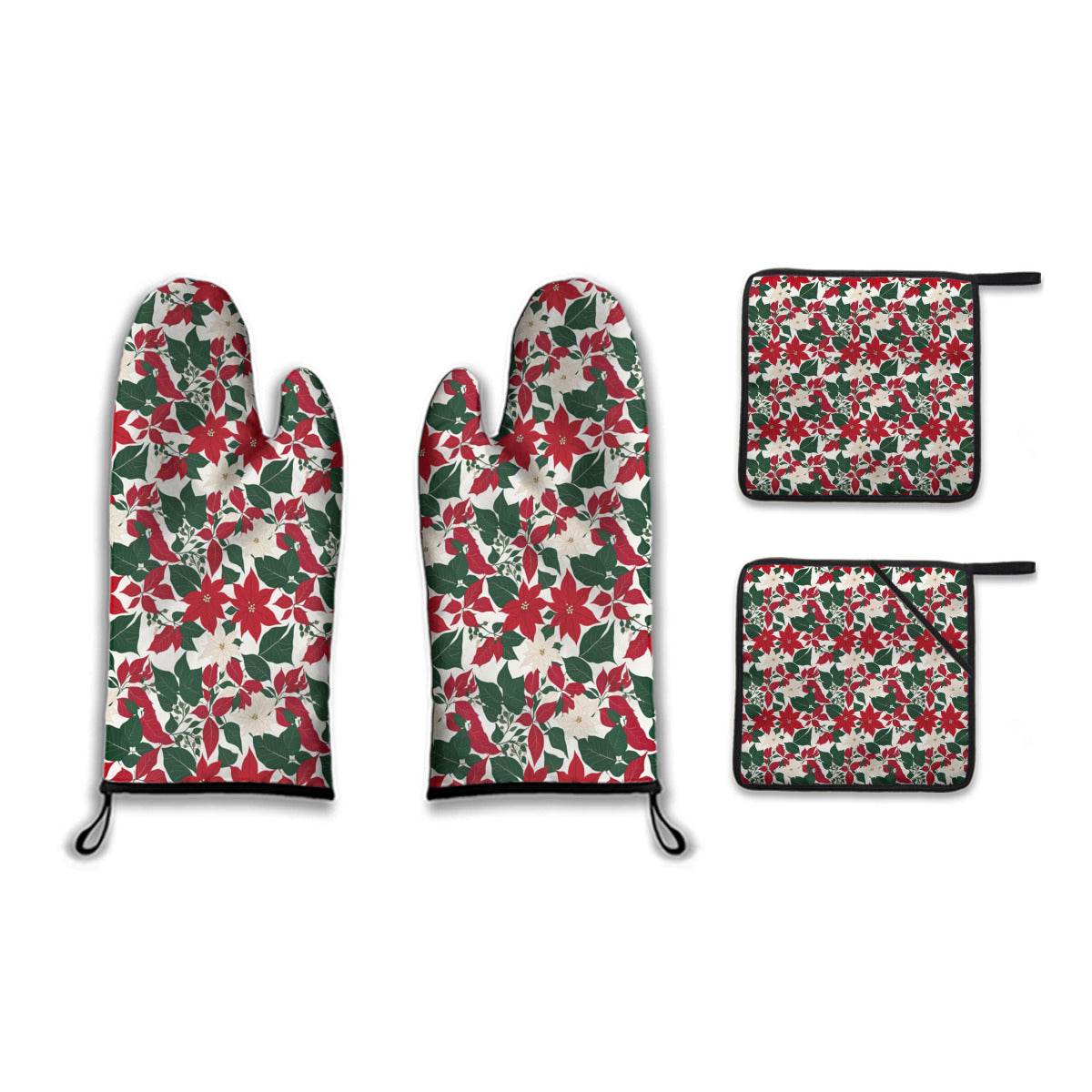 Red and White Poinsettia Flower Kitchen Mittens (set of 4) - DeRose Seasonal