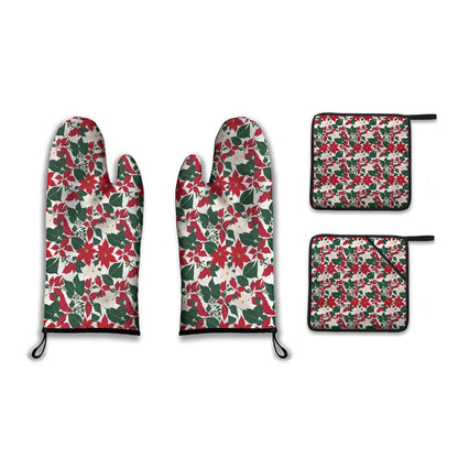 Red and White Poinsettia Flower Kitchen Mittens (set of 4) - DeRose Seasonal