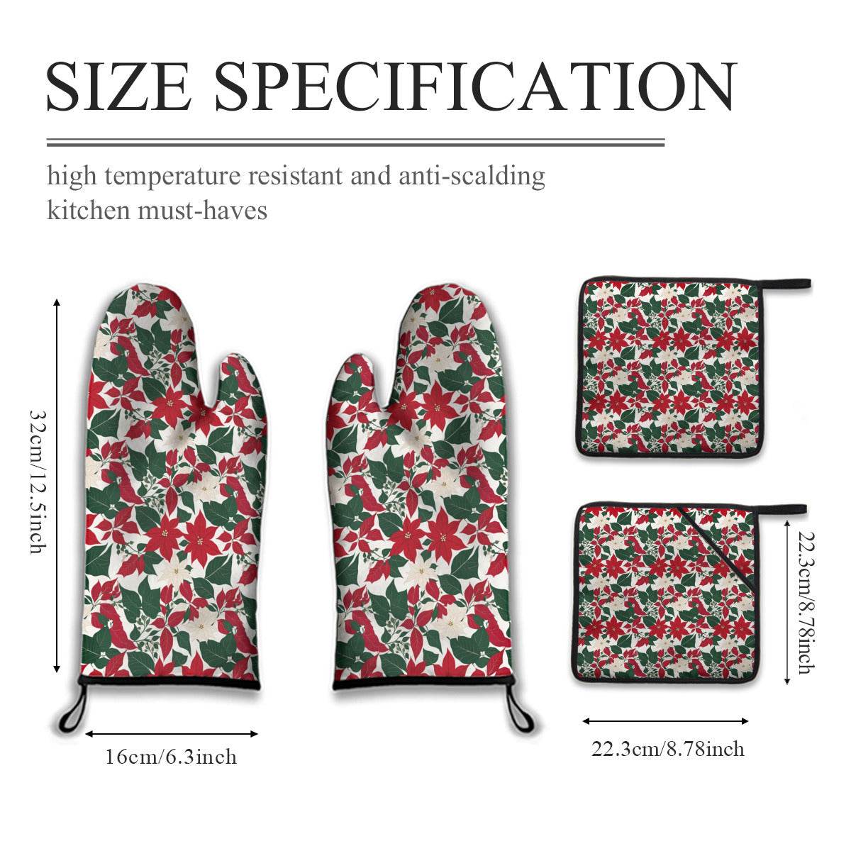 Red and White Poinsettia Flower Kitchen Mittens (set of 4) - DeRose Seasonal