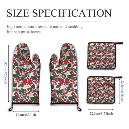 Red and White Poinsettia Flower Kitchen Mittens (set of 4) - DeRose Seasonal
