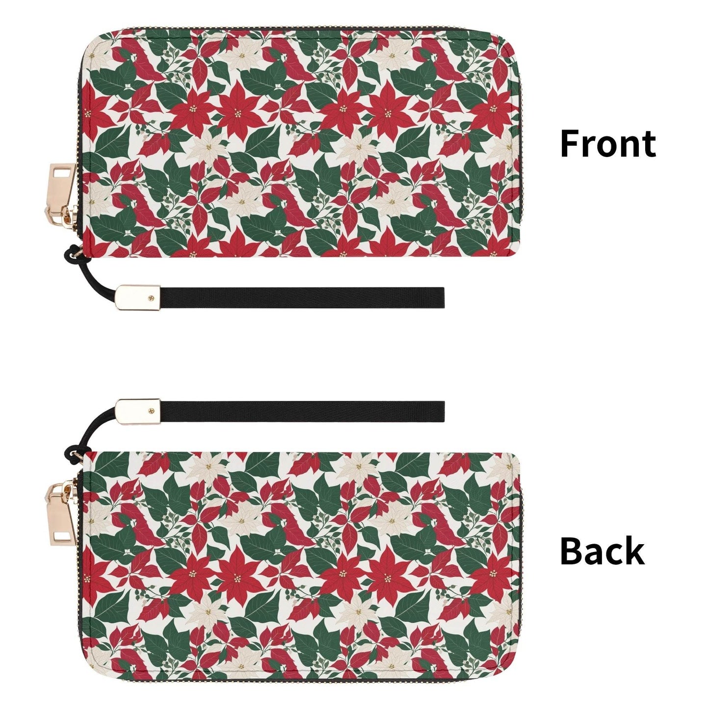 Red and White Poinsettia Flower Women's Leather Zipper Wristlet Wallet - DeRose Seasonal