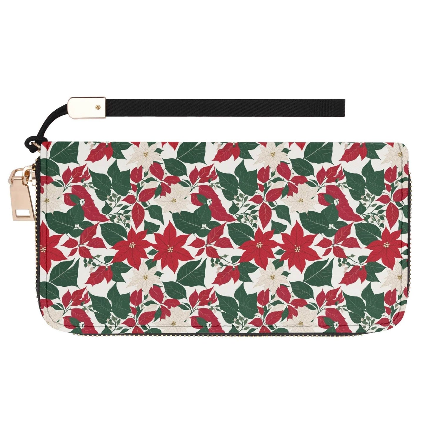 Red and White Poinsettia Flower Women's Leather Zipper Wristlet Wallet - DeRose Seasonal