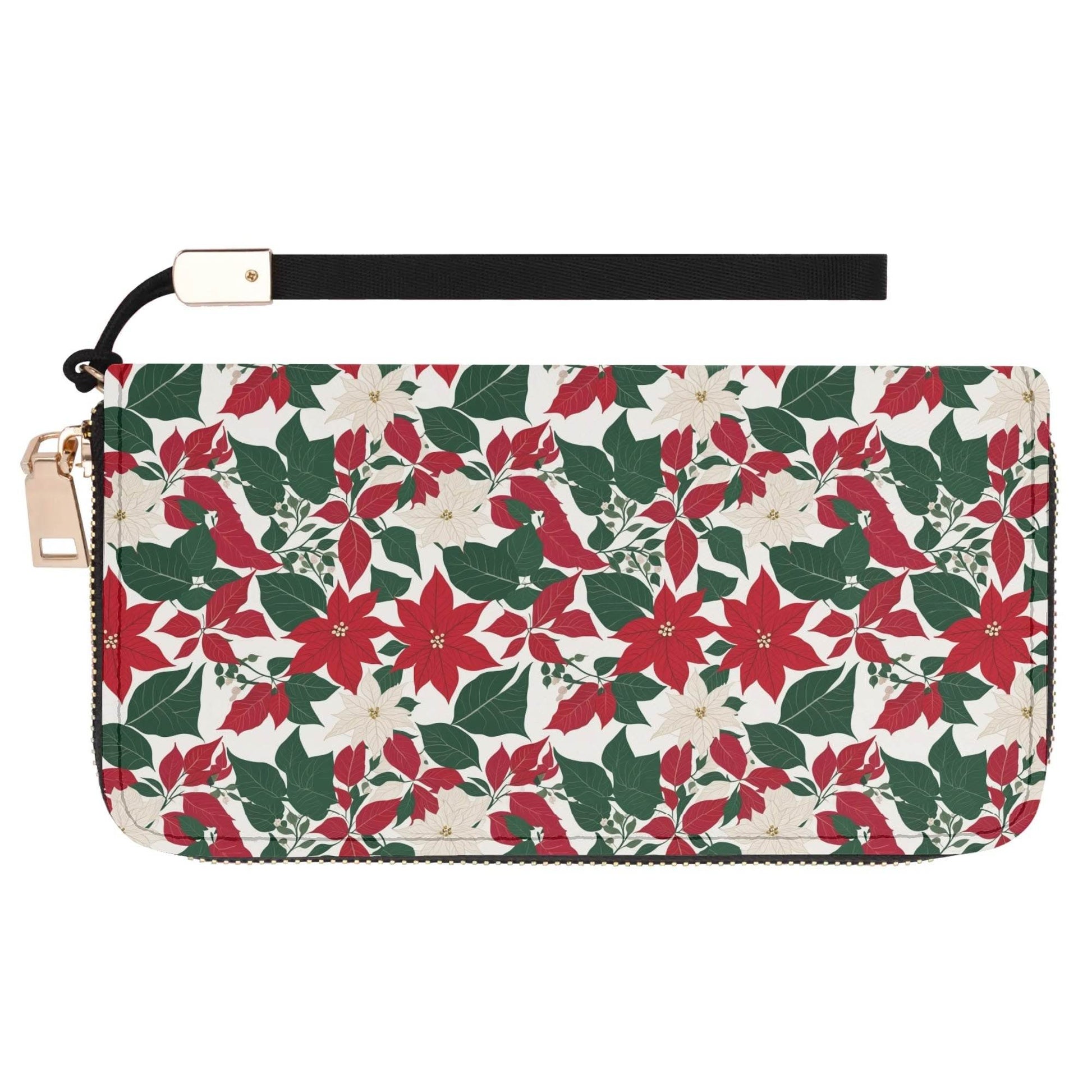 Red and White Poinsettia Flower Women's Leather Zipper Wristlet Wallet - DeRose Seasonal