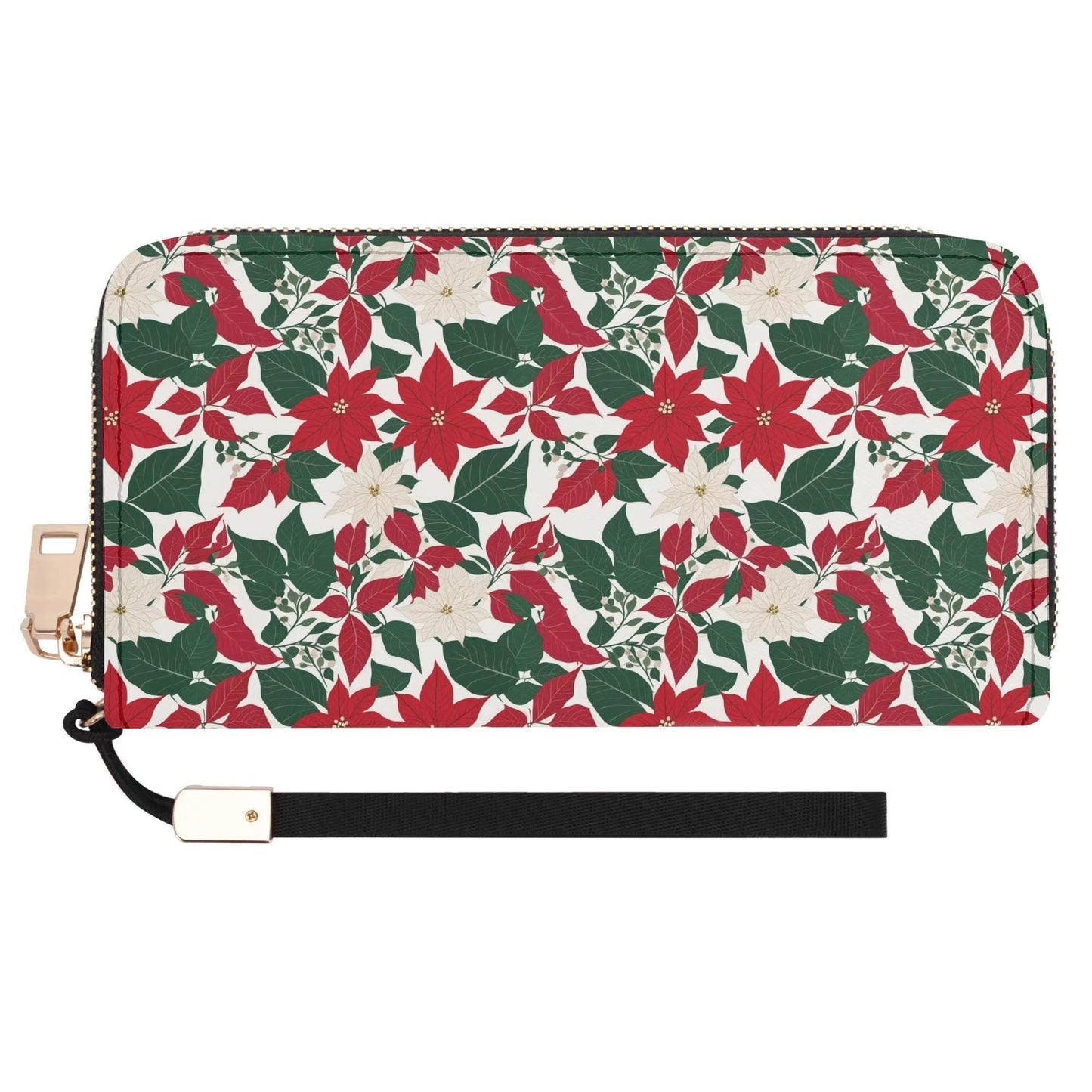 Red and White Poinsettia Flower Women's Leather Zipper Wristlet Wallet - DeRose Seasonal
