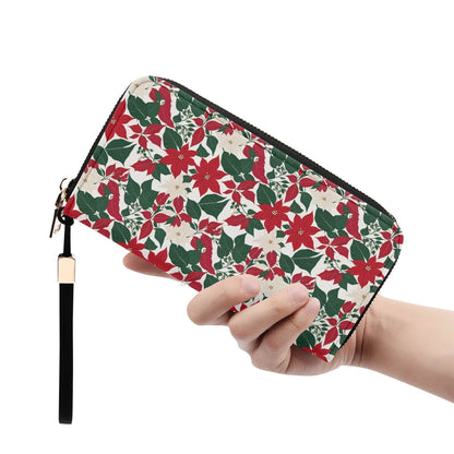 Red and White Poinsettia Flower Women's Leather Zipper Wristlet Wallet - DeRose Seasonal