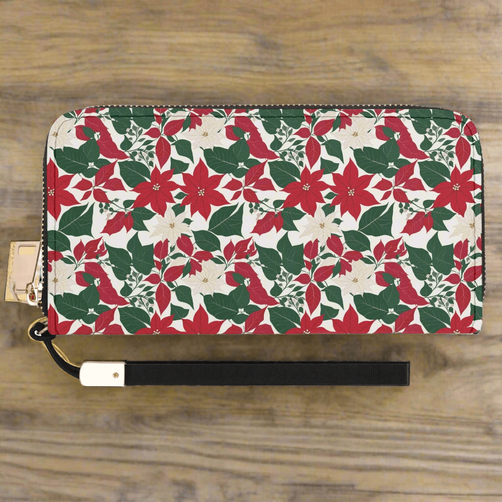 Red and White Poinsettia Flower Women's Leather Zipper Wristlet Wallet - DeRose Seasonal