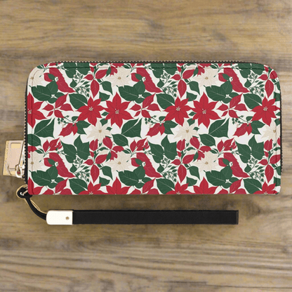 Red and White Poinsettia Flower Women's Leather Zipper Wristlet Wallet - DeRose Seasonal