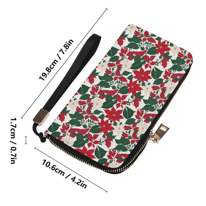 Red and White Poinsettia Flower Women's Leather Zipper Wristlet Wallet - DeRose Seasonal