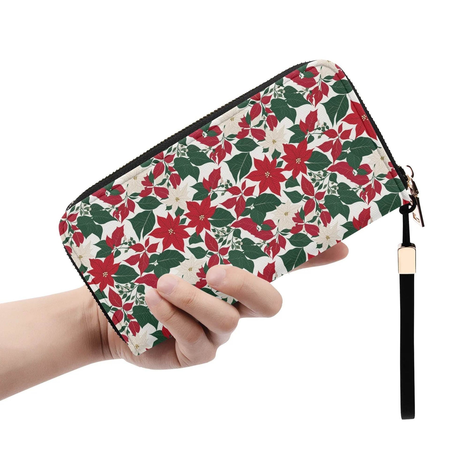 Red and White Poinsettia Flower Women's Leather Zipper Wristlet Wallet - DeRose Seasonal