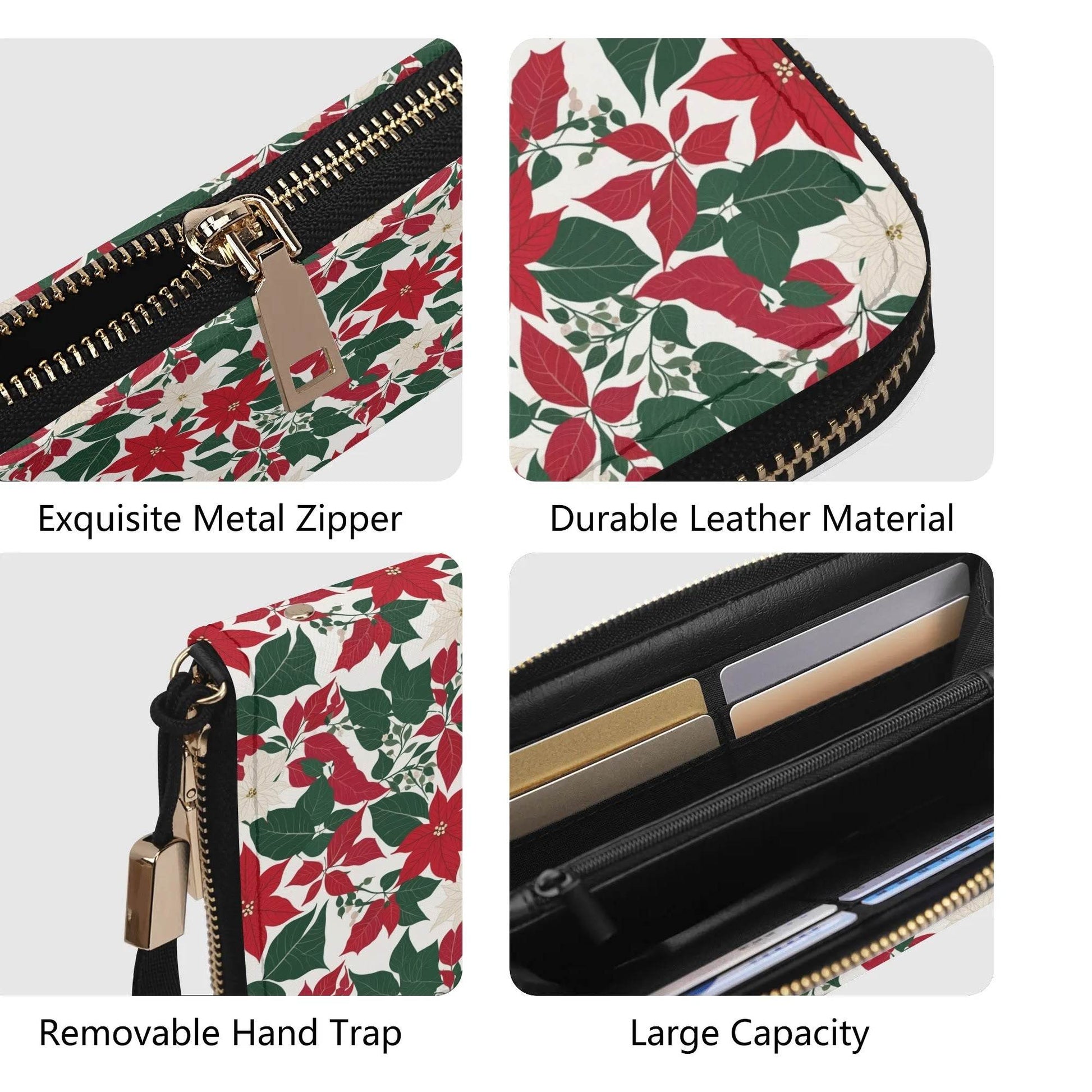 Red and White Poinsettia Flower Women's Leather Zipper Wristlet Wallet - DeRose Seasonal