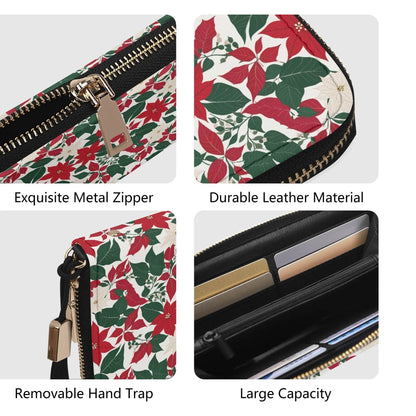 Red and White Poinsettia Flower Women's Leather Zipper Wristlet Wallet - DeRose Seasonal