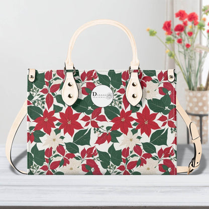 Red and White Poinsettia Flower Luxury Women Leather Handbag (3 sizes) - DeRose Seasonal