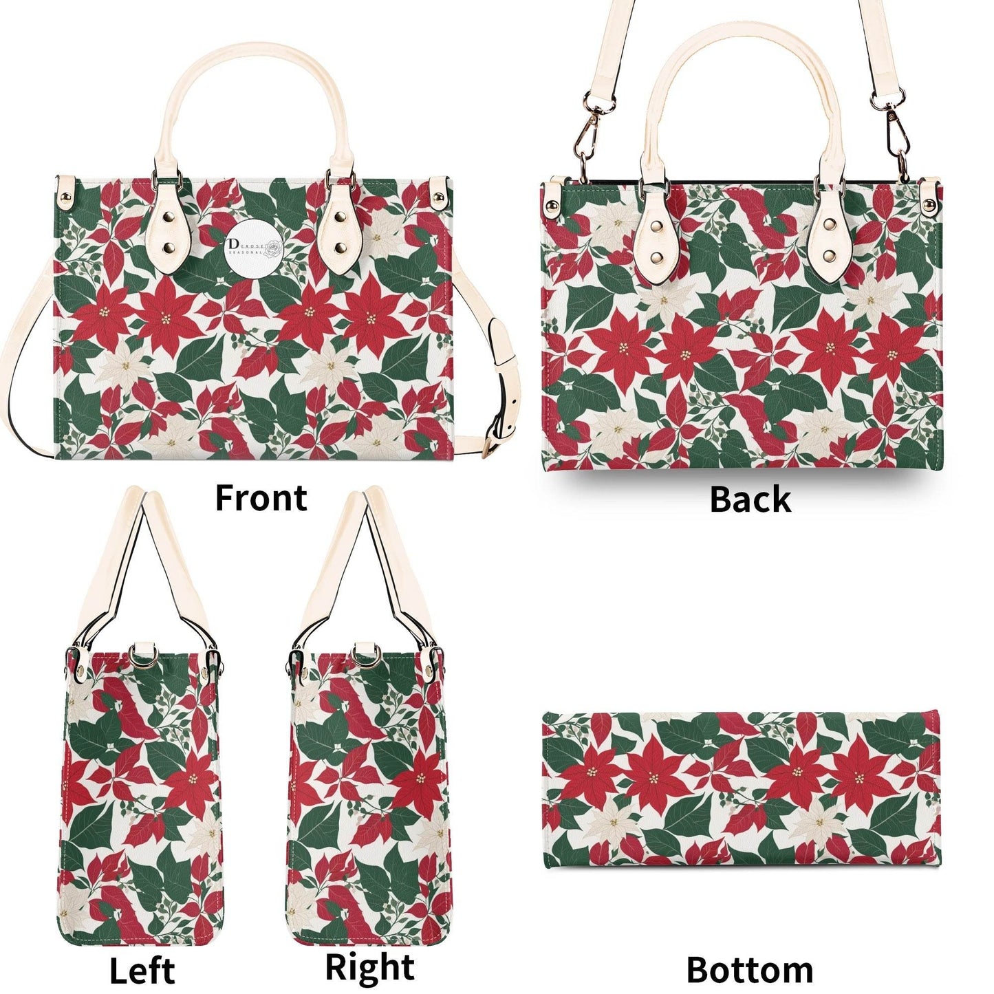 Red and White Poinsettia Flower Luxury Women Leather Handbag (3 sizes) - DeRose Seasonal