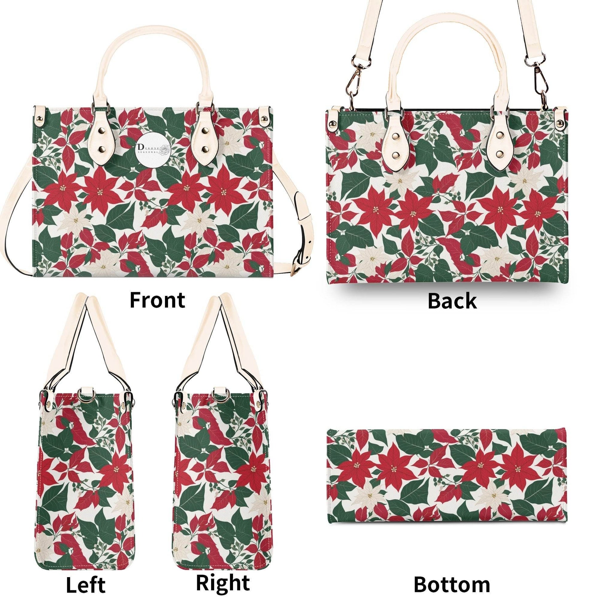 Red and White Poinsettia Flower Luxury Women Leather Handbag (3 sizes) - DeRose Seasonal