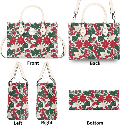 Red and White Poinsettia Flower Luxury Women Leather Handbag (3 sizes) - DeRose Seasonal