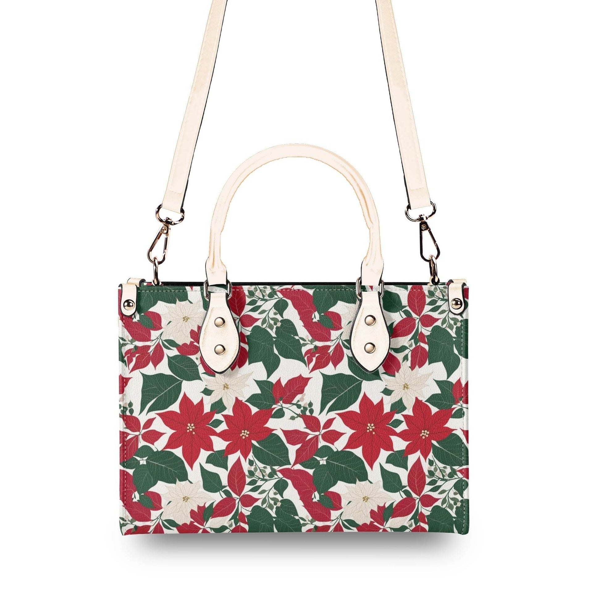 Red and White Poinsettia Flower Luxury Women Leather Handbag (3 sizes) - DeRose Seasonal