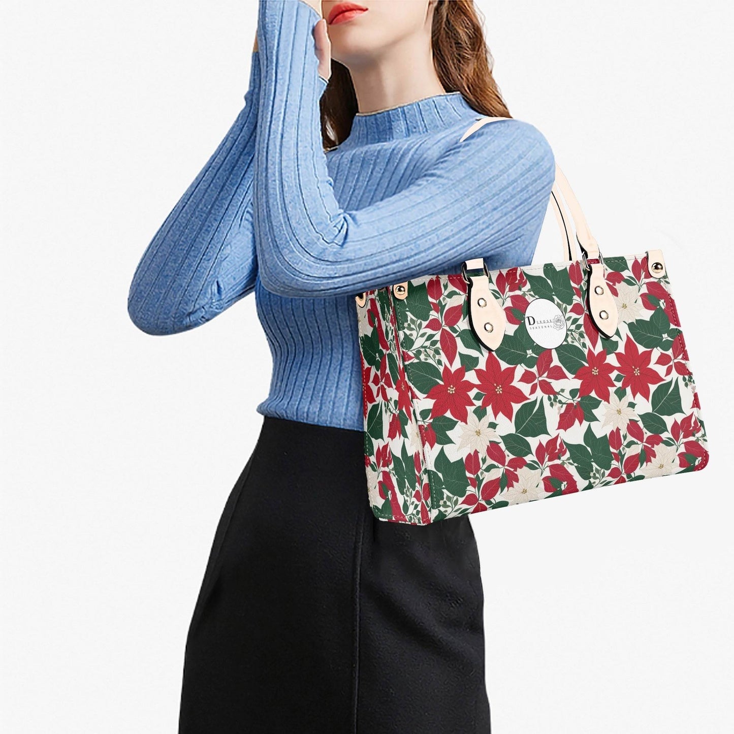 Red and White Poinsettia Flower Luxury Women Leather Handbag (3 sizes) - DeRose Seasonal