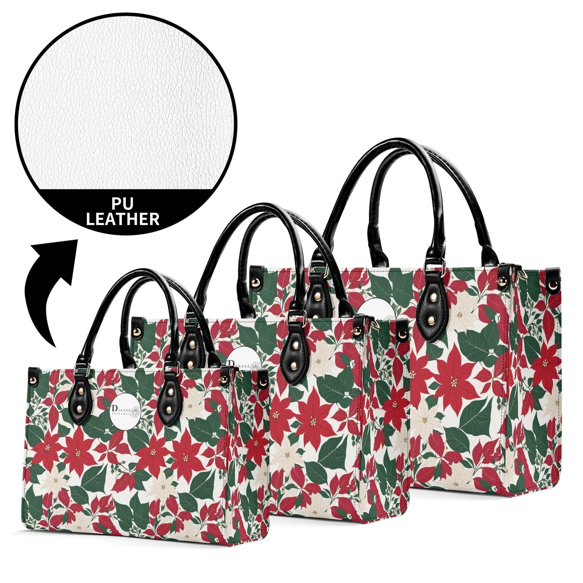 Red and White Poinsettia Flower Luxury Women Leather Handbag (3 sizes) - DeRose Seasonal