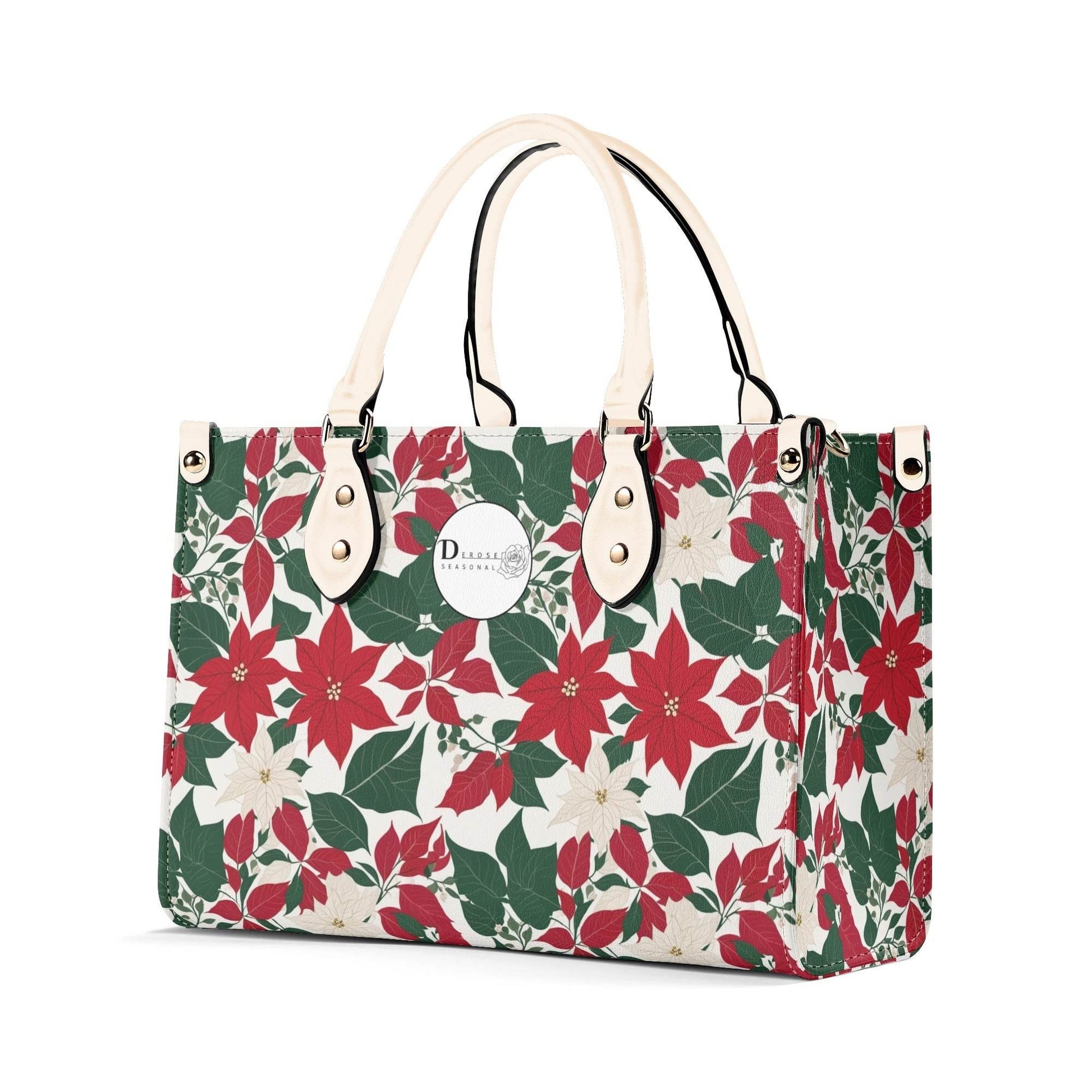 Red and White Poinsettia Flower Luxury Women Leather Handbag (3 sizes) - DeRose Seasonal