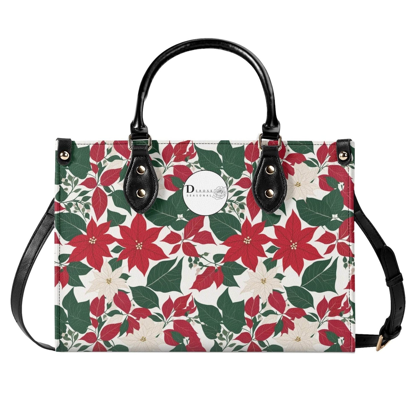 Red and White Poinsettia Flower Luxury Women Leather Handbag (3 sizes) - DeRose Seasonal