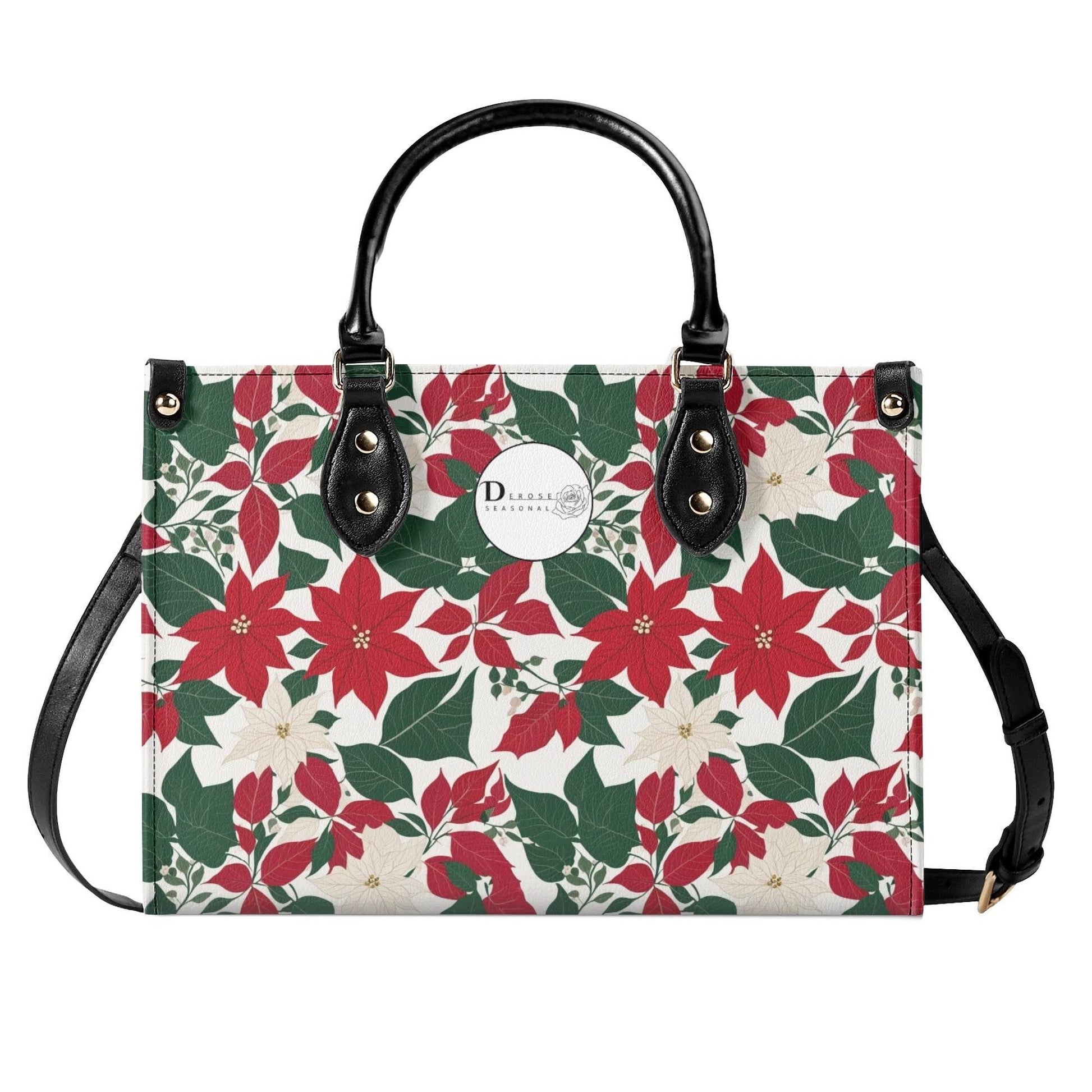 Red and White Poinsettia Flower Luxury Women Leather Handbag (3 sizes) - DeRose Seasonal