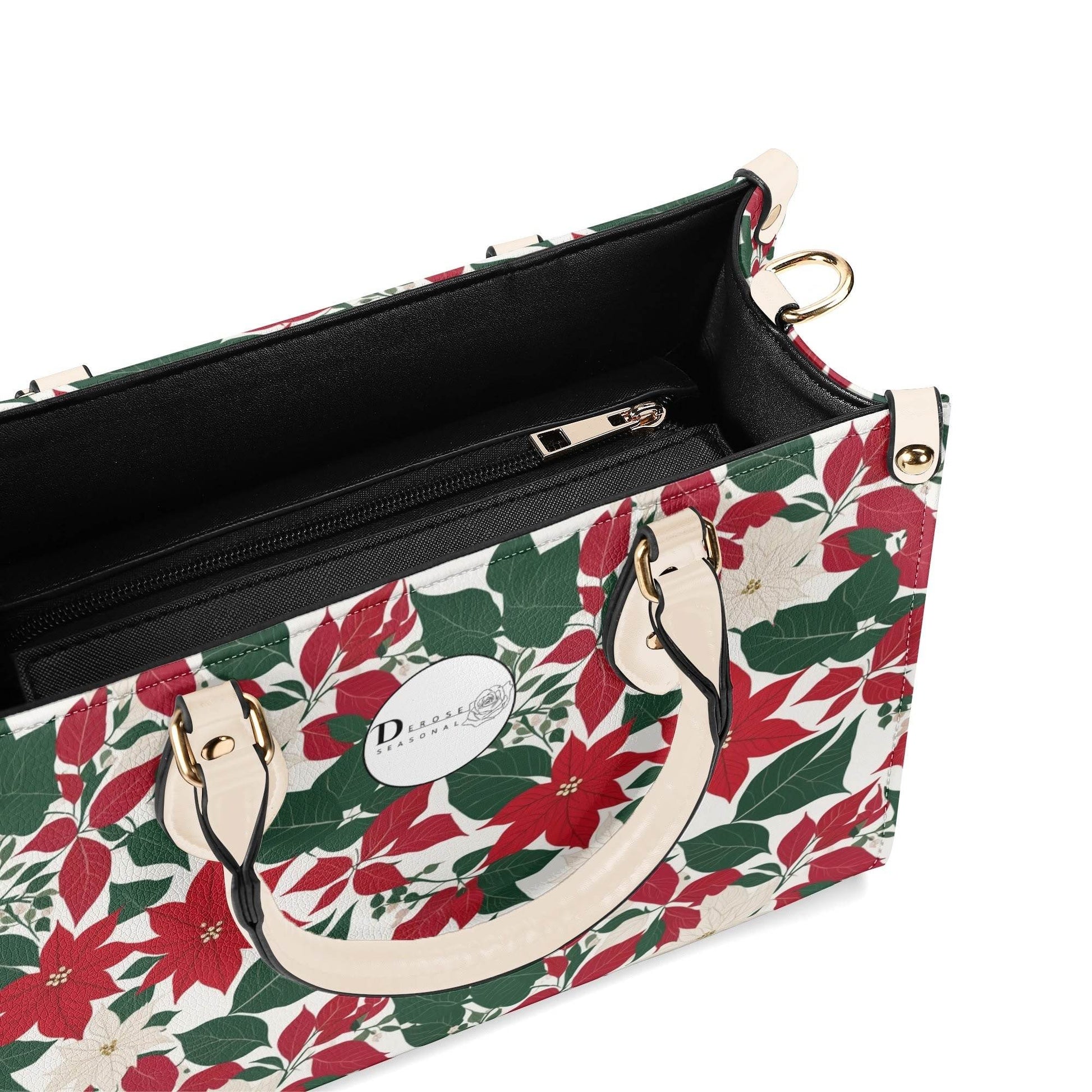 Red and White Poinsettia Flower Luxury Women Leather Handbag (3 sizes) - DeRose Seasonal