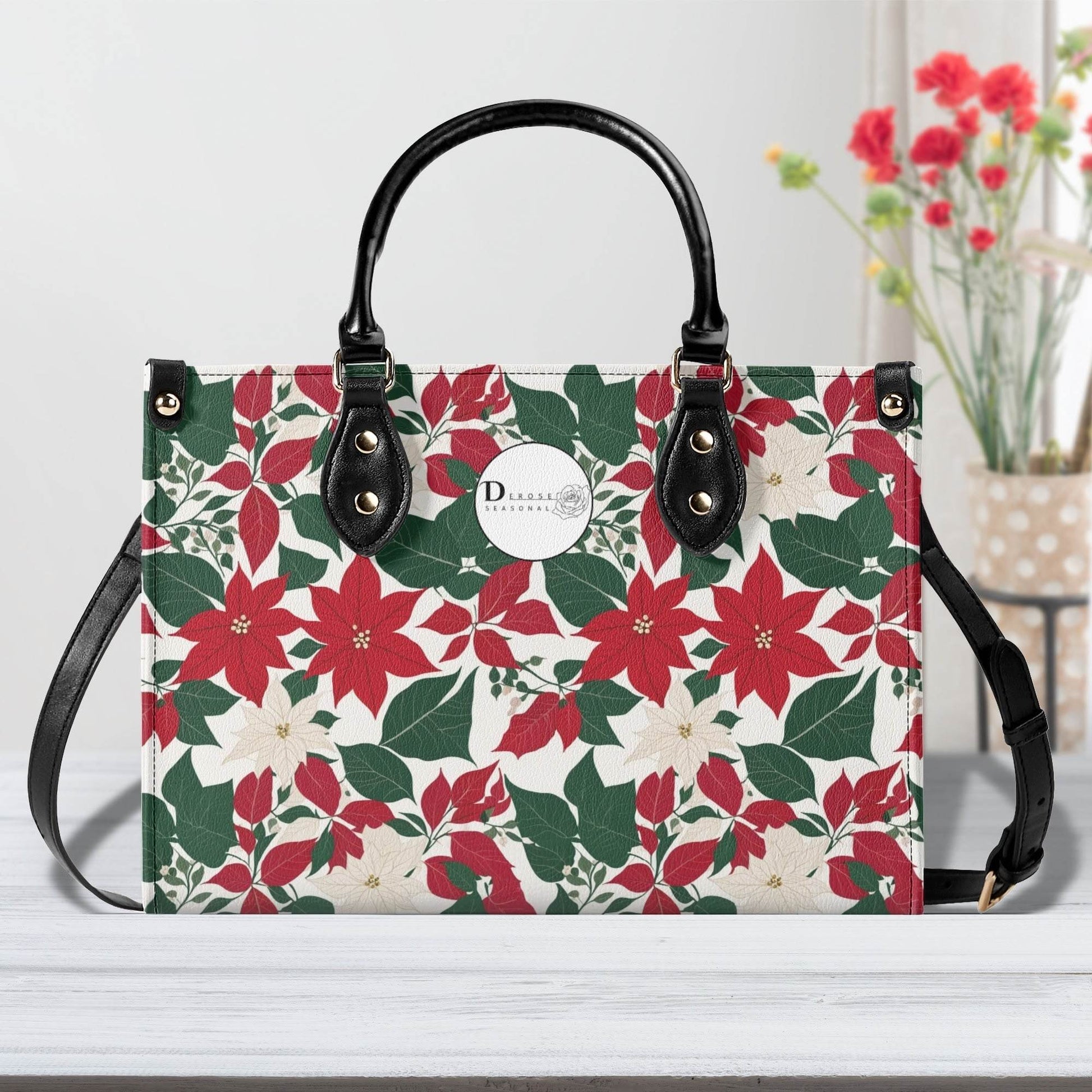 Red and White Poinsettia Flower Luxury Women Leather Handbag (3 sizes) - DeRose Seasonal