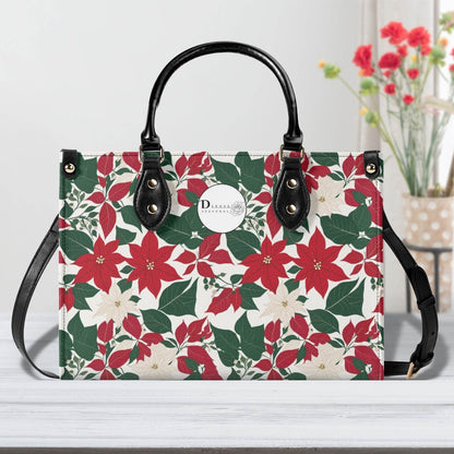 Red and White Poinsettia Flower Luxury Women Leather Handbag (3 sizes) - DeRose Seasonal