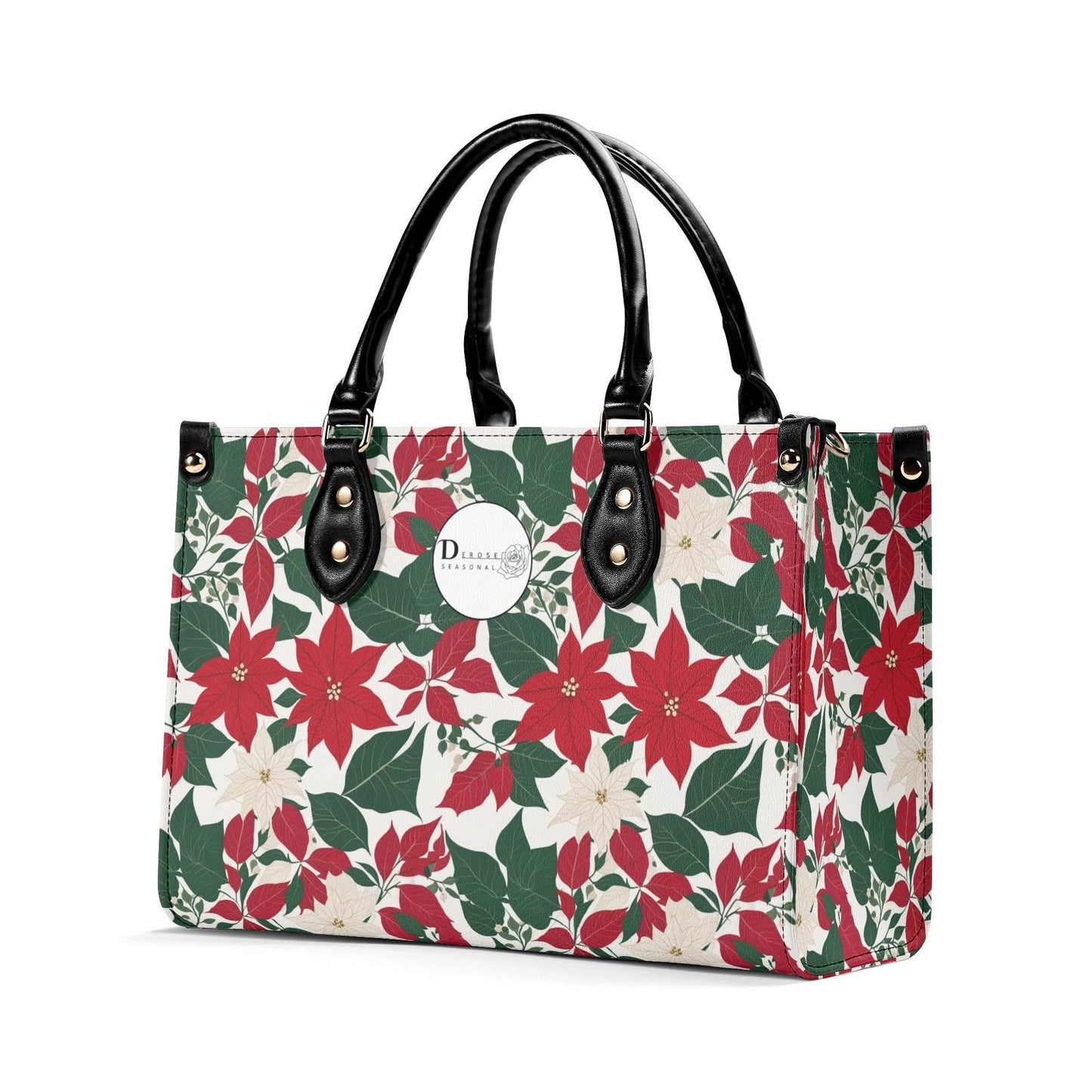 Red and White Poinsettia Flower Luxury Women Leather Handbag (3 sizes) - DeRose Seasonal