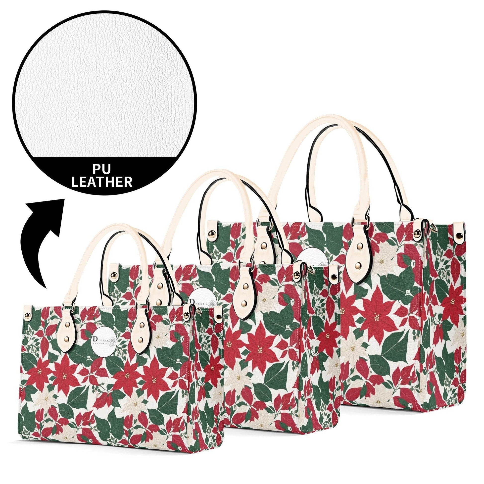 Red and White Poinsettia Flower Luxury Women Leather Handbag (3 sizes) - DeRose Seasonal