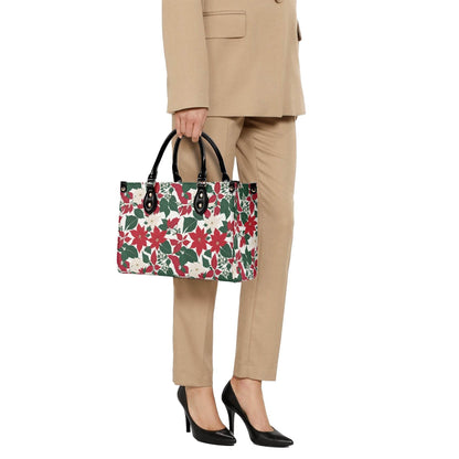 Red and White Poinsettia Flower Luxury Women Leather Handbag (3 sizes) - DeRose Seasonal