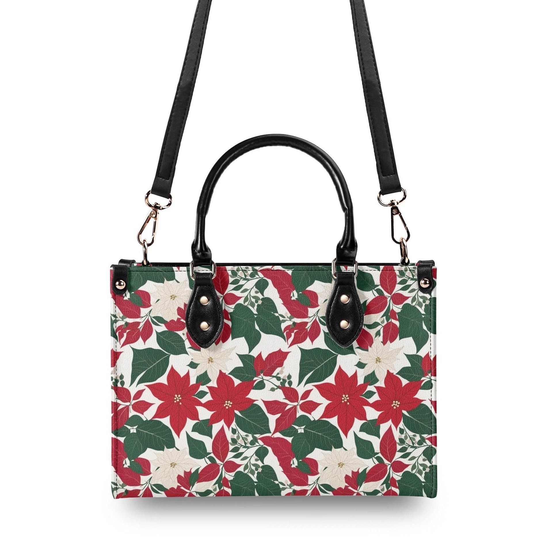 Red and White Poinsettia Flower Luxury Women Leather Handbag (3 sizes) - DeRose Seasonal