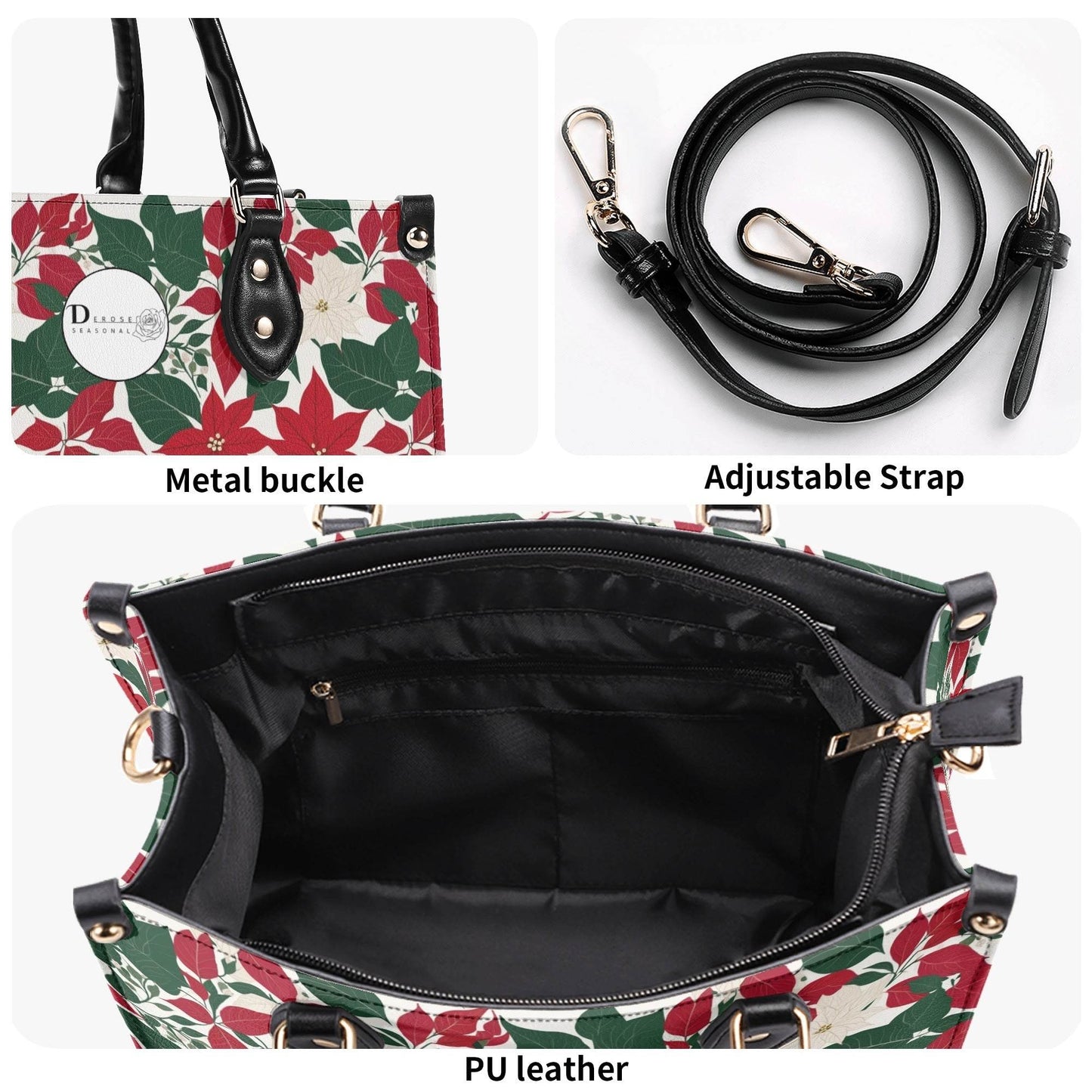 Red and White Poinsettia Flower Luxury Women Leather Handbag (3 sizes) - DeRose Seasonal