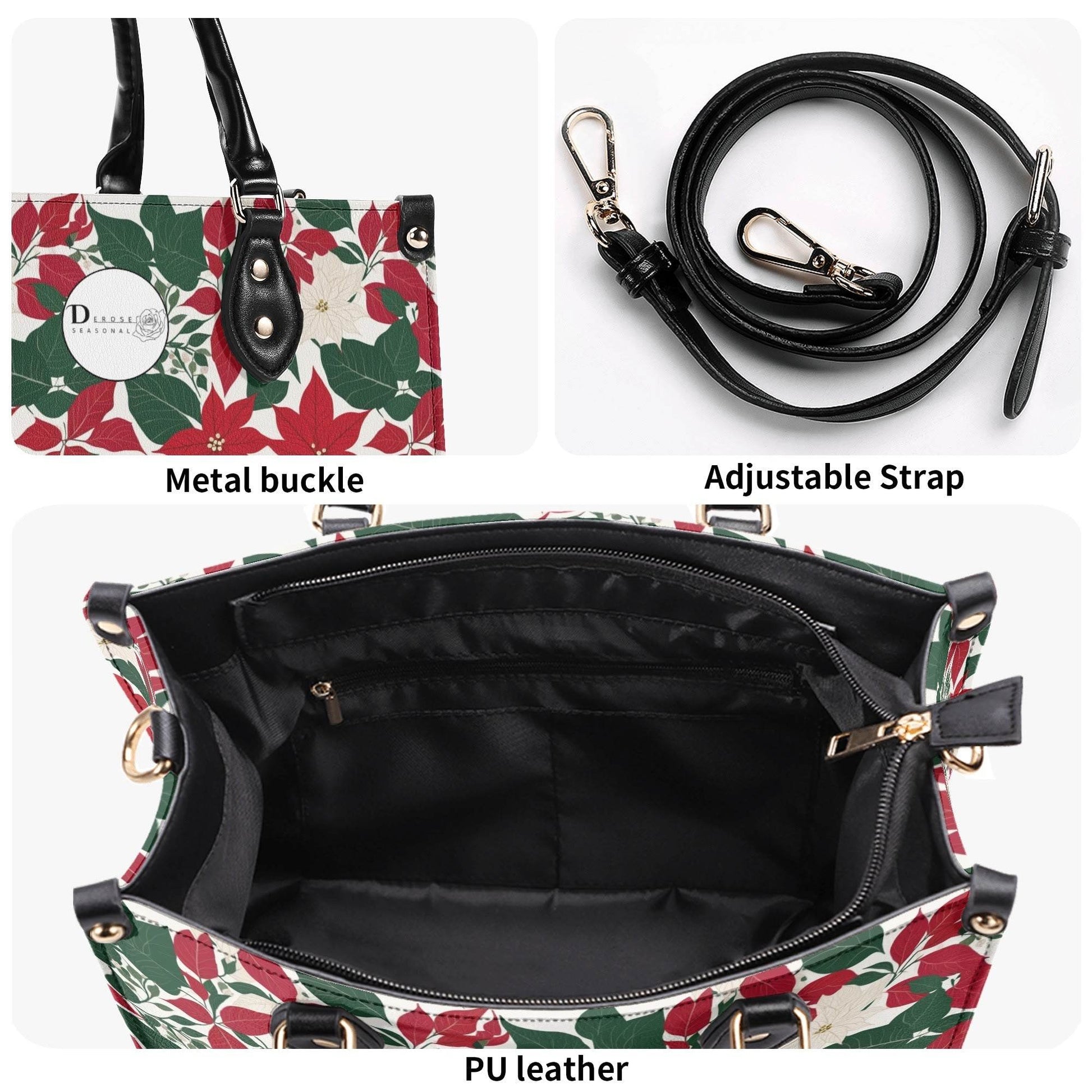 Red and White Poinsettia Flower Luxury Women Leather Handbag (3 sizes) - DeRose Seasonal