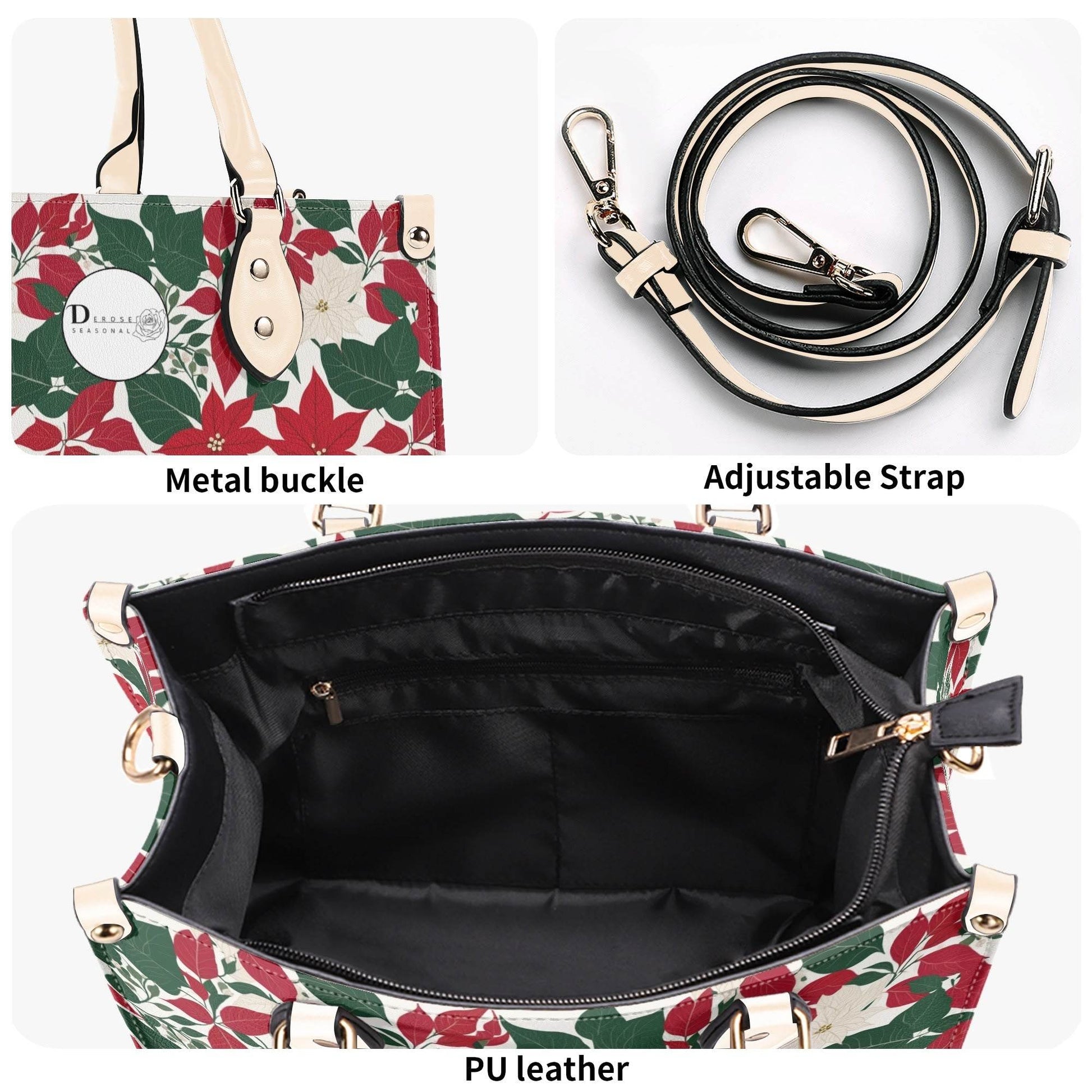 Red and White Poinsettia Flower Luxury Women Leather Handbag (3 sizes) - DeRose Seasonal