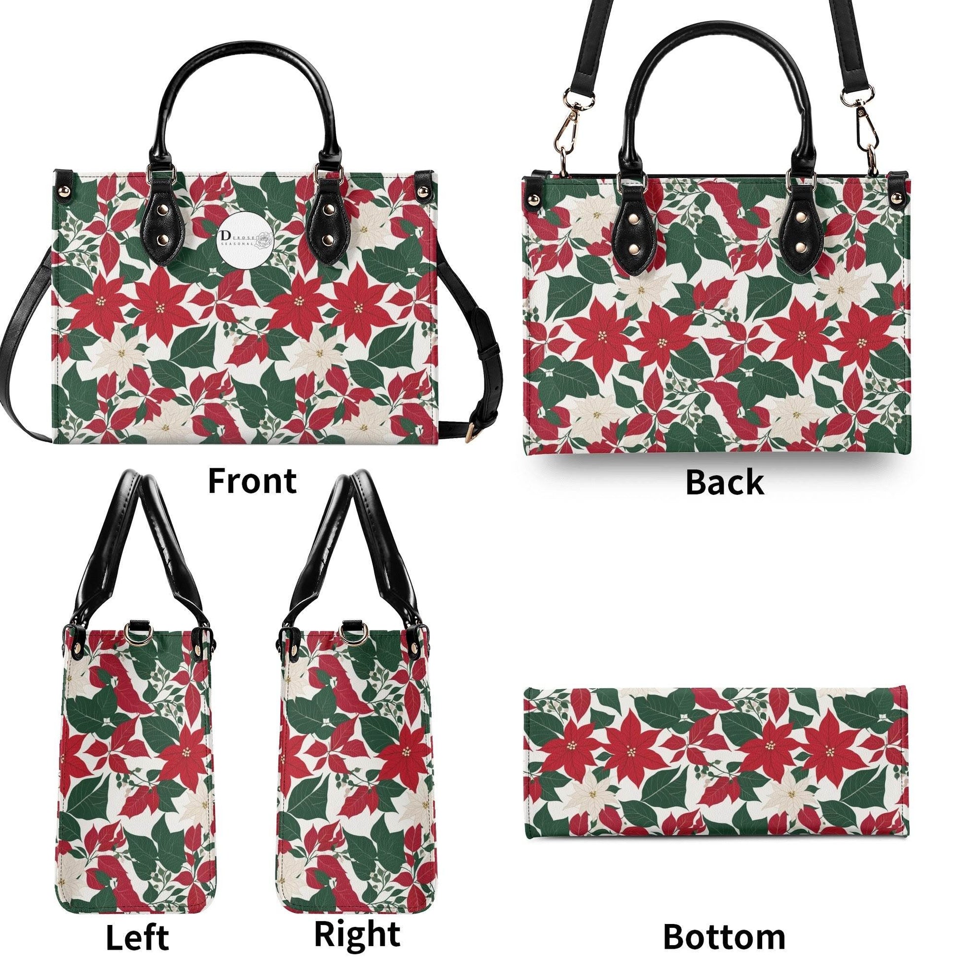 Red and White Poinsettia Flower Luxury Women Leather Handbag (3 sizes) - DeRose Seasonal