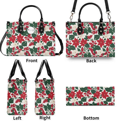 Red and White Poinsettia Flower Luxury Women Leather Handbag (3 sizes) - DeRose Seasonal