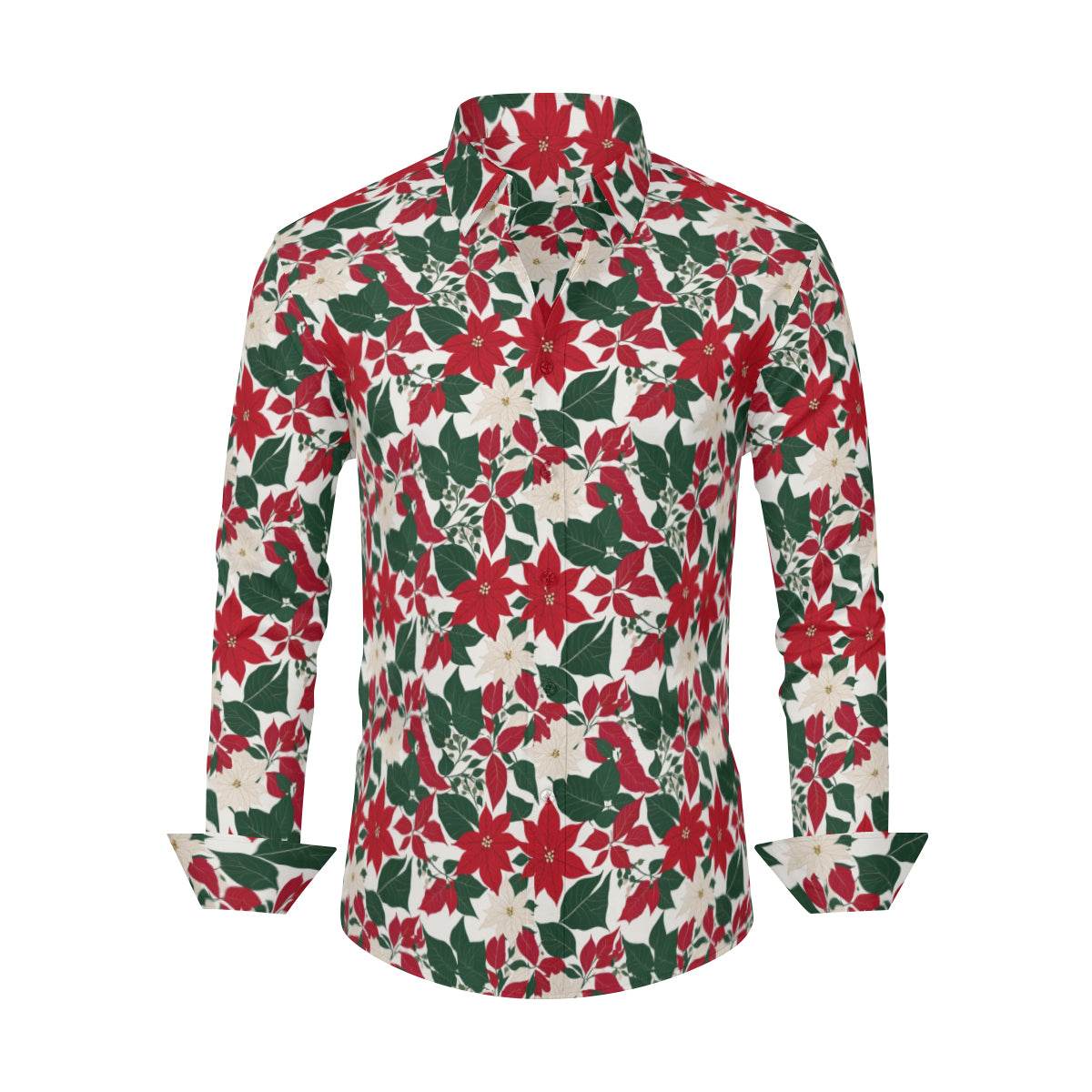 Red and White Poinsettia Flower Men's Classic Long-Sleeved Button up Polyester Dress Shirt - DeRose Seasonal