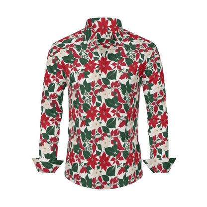Red and White Poinsettia Flower Men's Classic Long-Sleeved Button up Polyester Dress Shirt - DeRose Seasonal