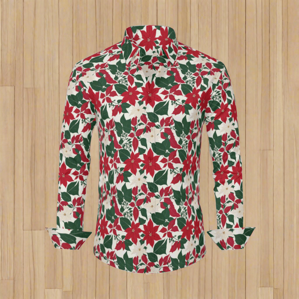 Red and White Poinsettia Flower Men's Classic Long-Sleeved Button up Polyester Dress Shirt - DeRose Seasonal