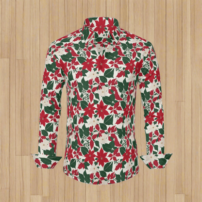 Red and White Poinsettia Flower Men's Classic Long-Sleeved Button up Polyester Dress Shirt - DeRose Seasonal