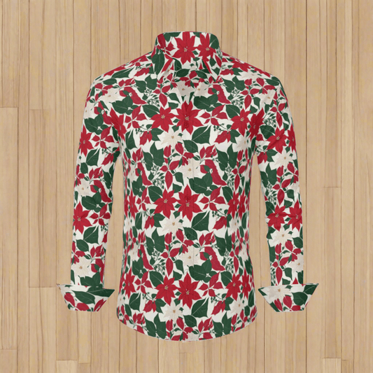 Red and White Poinsettia Flower Men's Classic Long-Sleeved Button up Polyester Dress Shirt - DeRose Seasonal